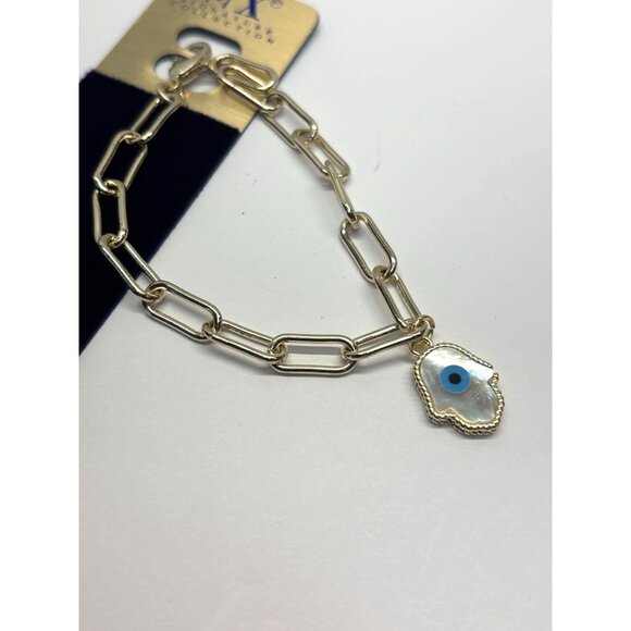 Gold-Tone Chain Bracelet With Evil Eye Mother Of Pearl Charm - Picture 1 of 3